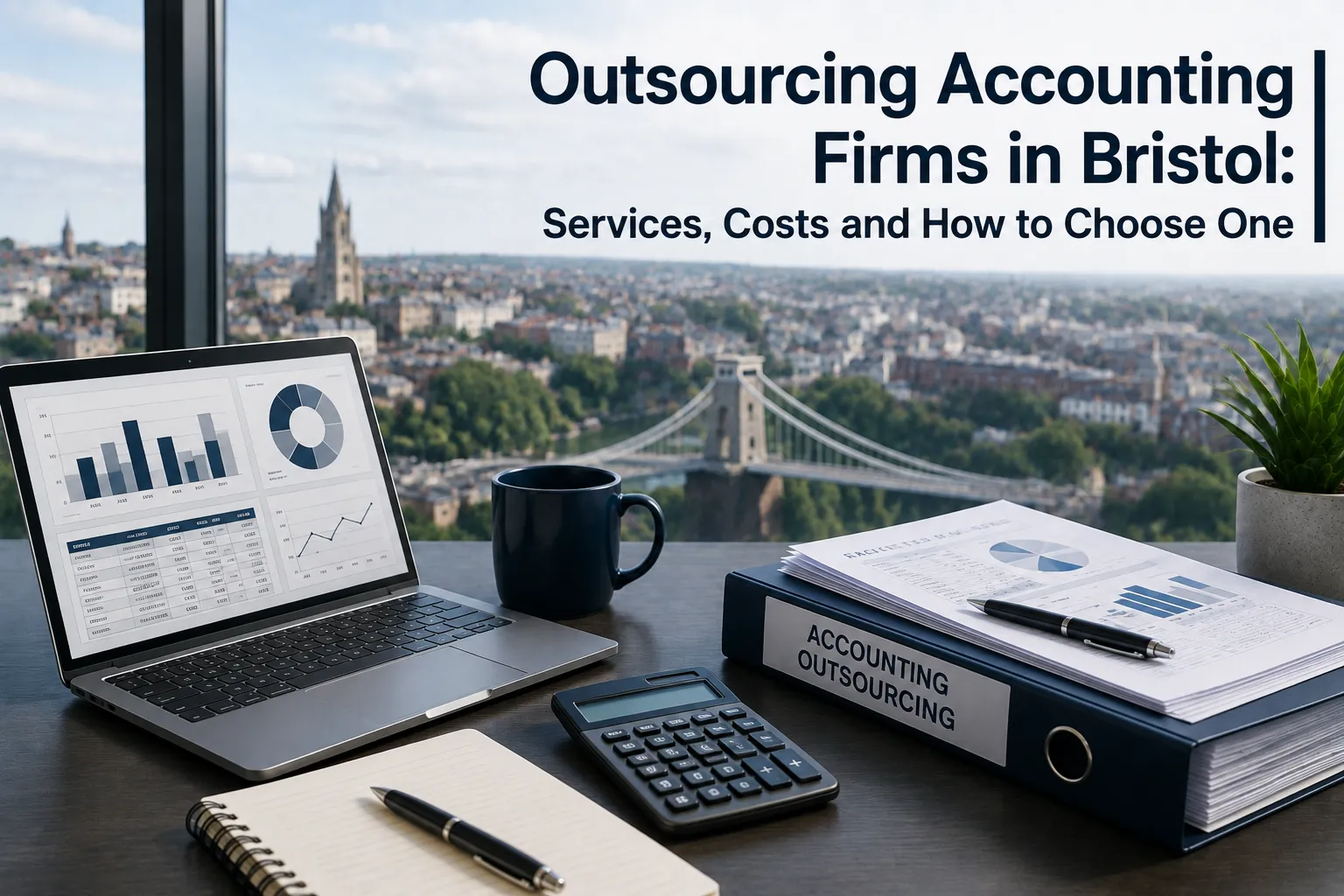 Guide on Outsourcing accounting firms in Bristol, with a professional office, financial reports and Bristol skyline